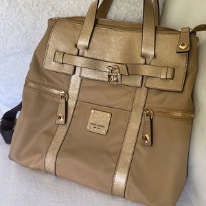 Henri Bendel Gold Nylon and Leather Jetsetter Backpack Crossbody Tote Gold Lock